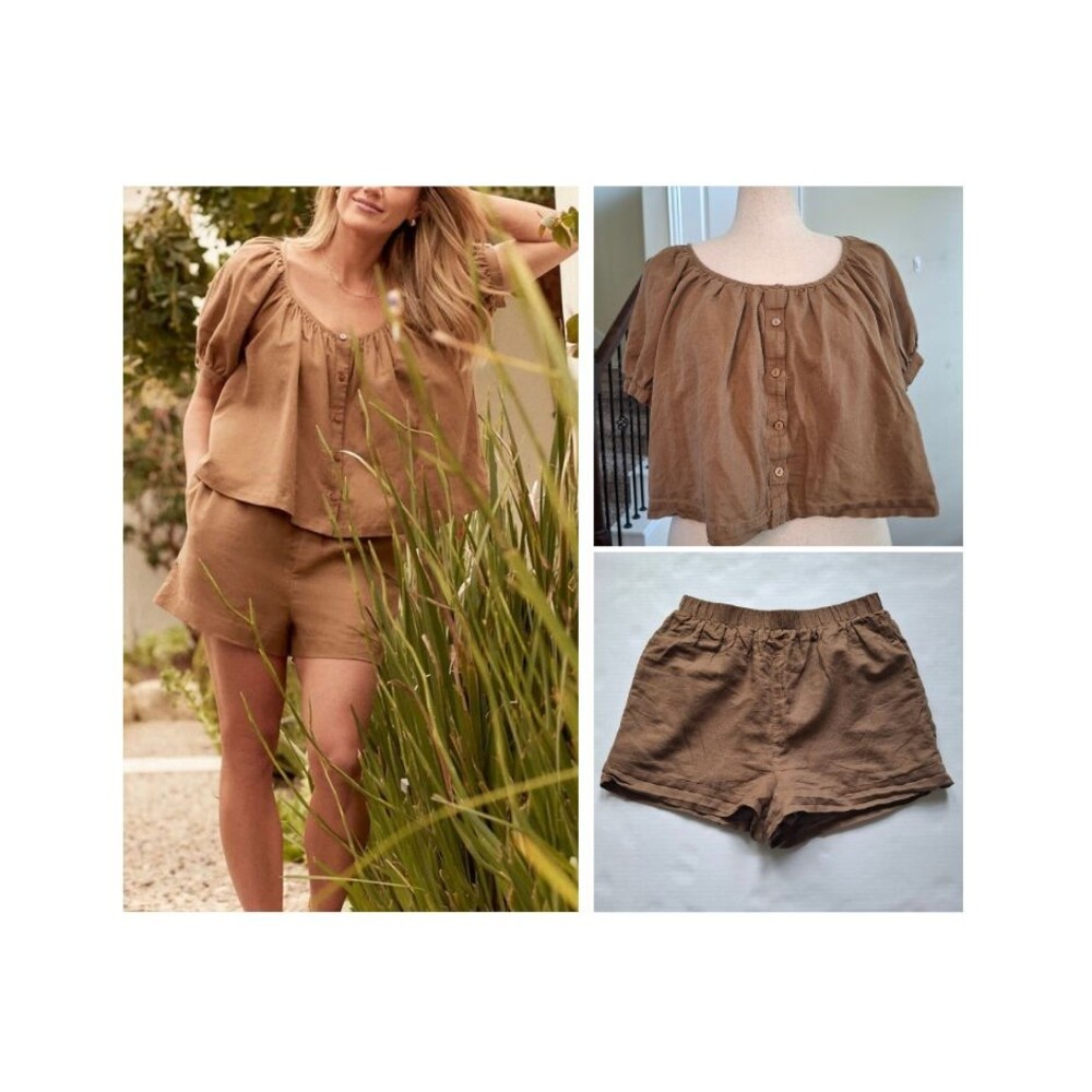 Tuckernuck Studio McGee Tully Lounge Set 2 PC L/M Mocha Linen Cotton Top Shorts